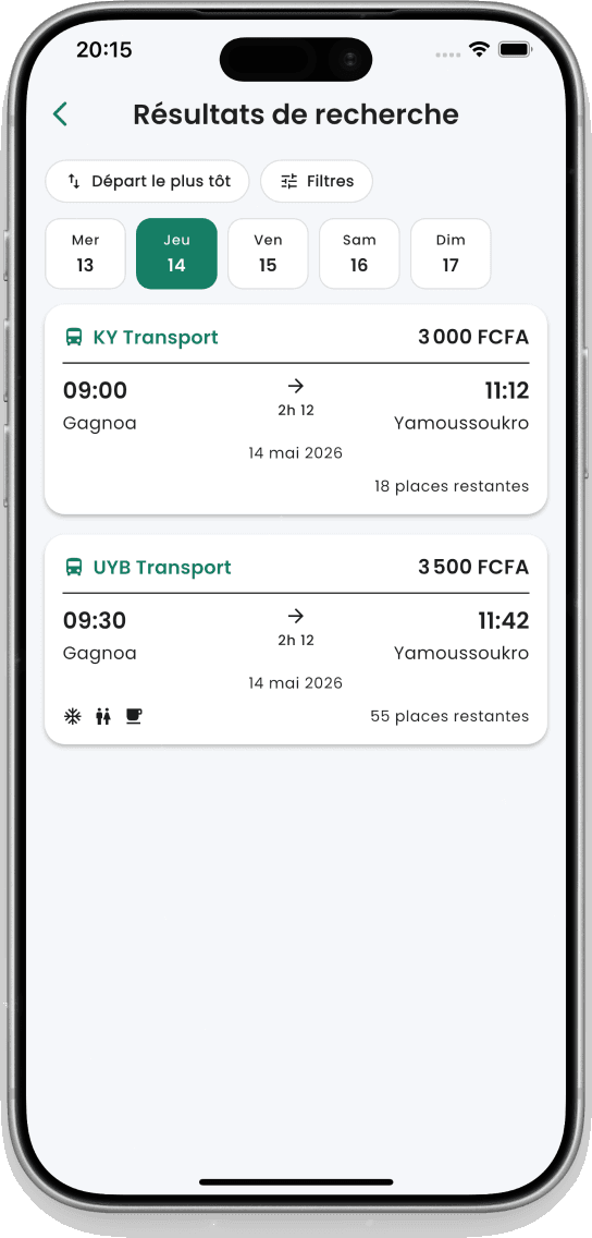 Recherche d'un trajet sur l'app ReservCar — Abidjan vers Yamoussoukro