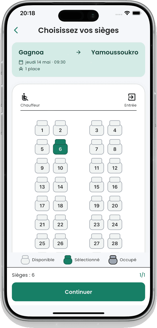 Sélection d'un siège dans le plan du bus sur l'app ReservCar
