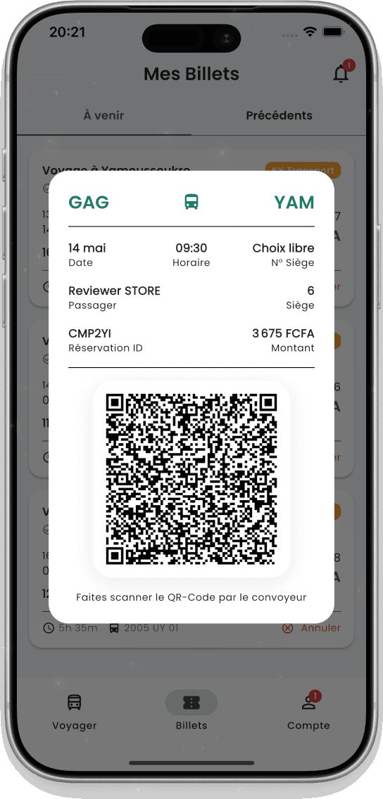 Billet électronique ReservCar avec QR code prêt pour l'embarquement